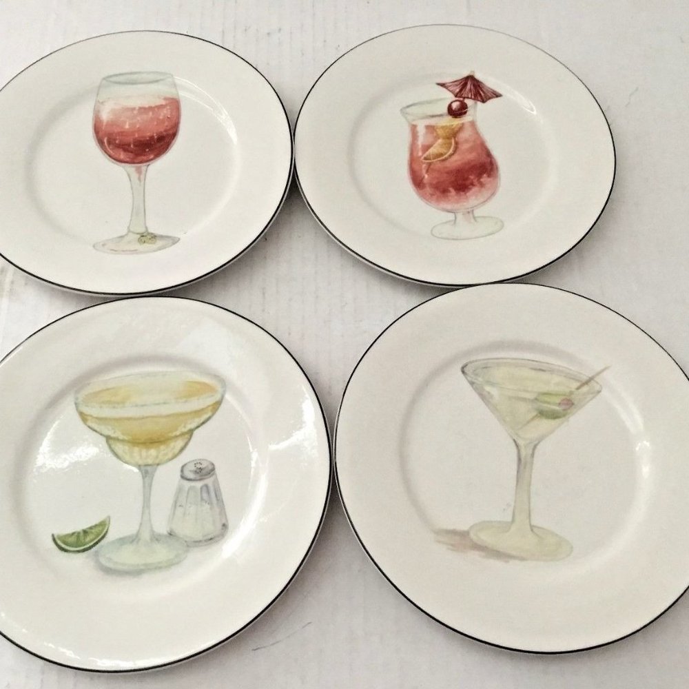 4 American Atelier At Home Cocktail Theme Porcelain Appetizer Plates Set GUC